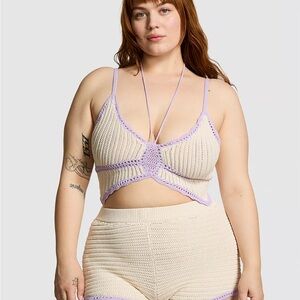 Victoria's Secret Pink purple cream knit crochet crop top size XL new
